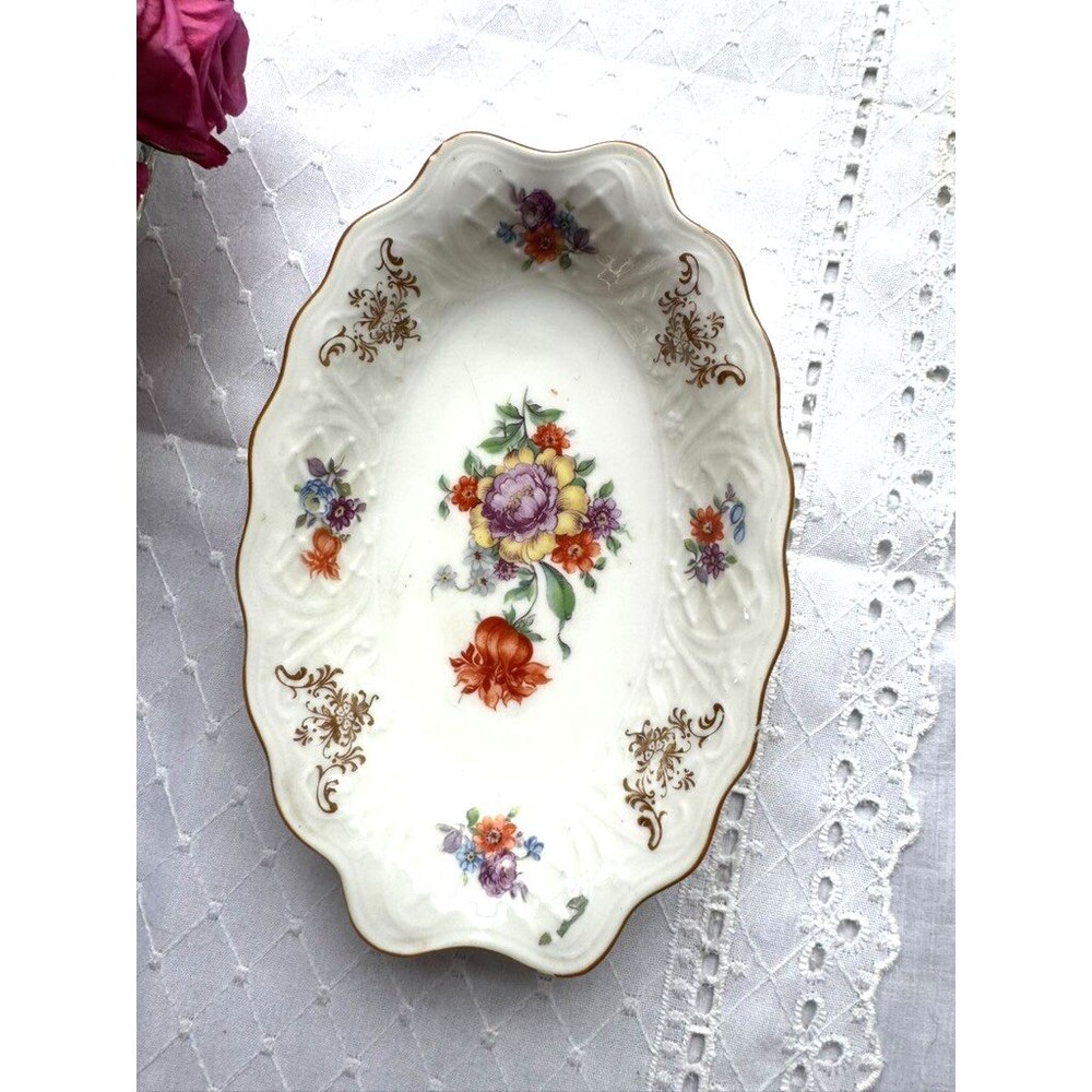 Schumann Bavaria Serving Bowl Gilt Dresden Floral Oval Scalloped Porcelain - Picture 5 of 14